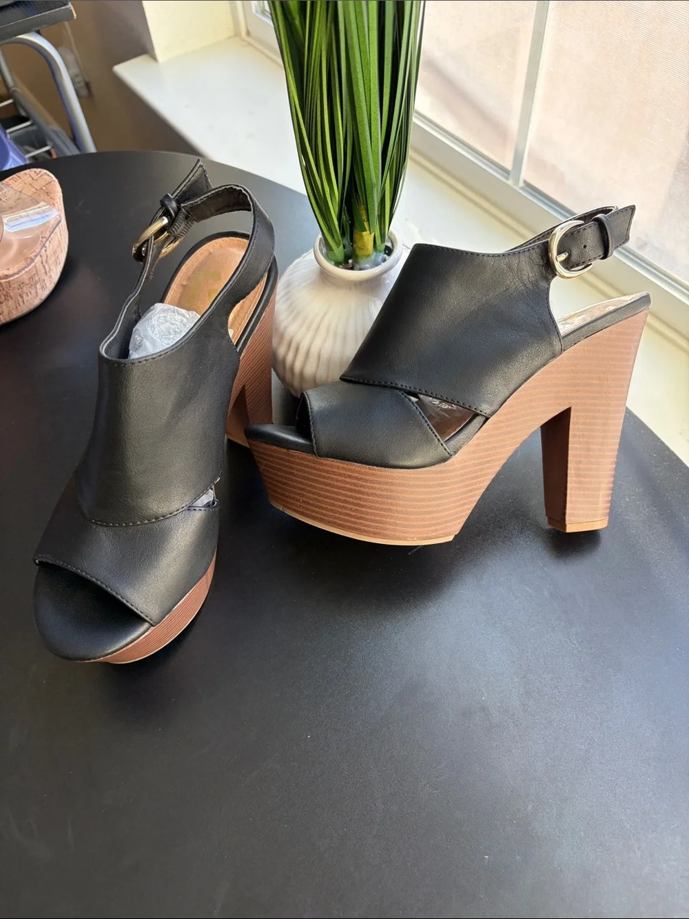 Report Black Peep-Toe Platform Slingback Heels with Brown Wood-Look Sole